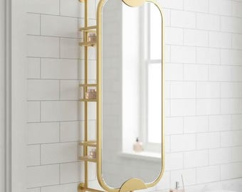 360 Rotating Wall Mirror with Shelf – Luxury Stainless Steel Bathroom Vanity Makeup Mirror – BRASS/Gold/Chrome/Black/Antique Finish Options