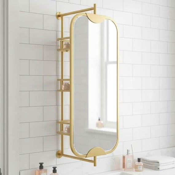 360 Rotating Wall Mirror with Shelf – Luxury Stainless Steel Bathroom Vanity Makeup Mirror – BRASS/Gold/Chrome/Black/Antique Finish Options