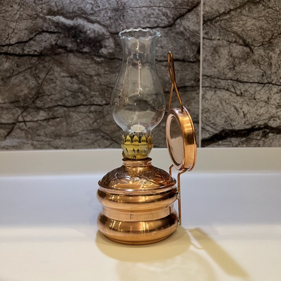 Handcrafted Embossed Copper Oil Lamp: Tabletop or Wall Mount