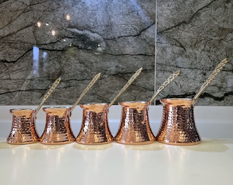 Handcrafted Copper Coffee Pot Set 5 Sizes, Brass Handles, Artisanal Premium Quality Copper Turkish Coffee Pot Set, Unique Coffee Pot Set