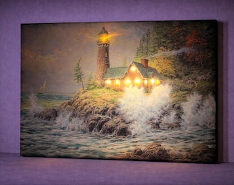 LED Lighthouse Canvas Art Coastal Wall Decor, Lighted Ocean Cottage Painting, Nautical Beach House Decor, Battery Powered Seascape Wall Art