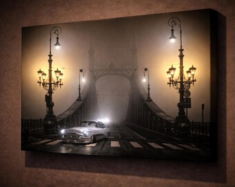 LED Budapest Liberty Bridge Canvas Art, Foggy Night Car Print, Illuminated Hungary Cityscape Wall Decor, Battery Powered Lighted Artwork