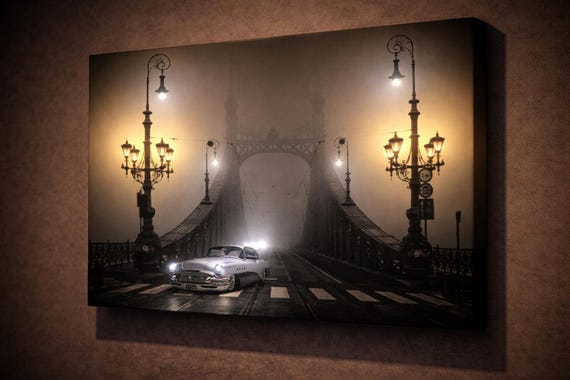 LED Budapest Liberty Bridge Canvas Art, Foggy Night Car Print, Illuminated Hungary Cityscape Wall Decor, Battery Powered Lighted Artwork