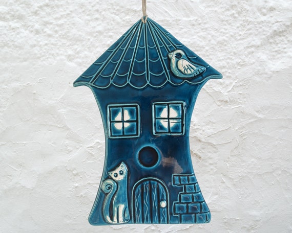 Turquoise Ceramic House Wall Decor: Handcrafted Clay Sculpture
