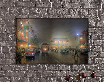 LED Illuminated Canvas Print Art Nostalgic San Francisco Streets-Vintage Trams,Classic Cars and Cozy Restaurants,San Francisco Cityscape Art