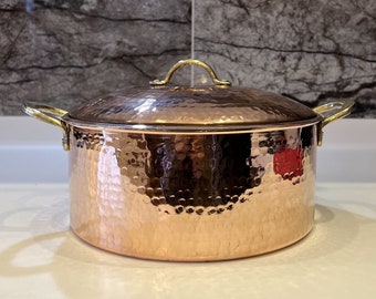 Handcrafted Italian Copper Deep Cooking Pots with Lid-6 size options-Cookware Culinary Ensemble with Brass Handles and Tin-Lined Interiors