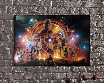 LED Illuminated Canvas Art: Epic Superhero Ensemble-Unite the Heroes with Glowing Weapons and Cosmic Skies Wall Art-One-of-a-Kind LED Art