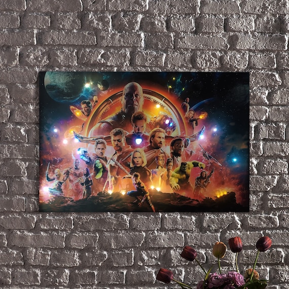 LED Superhero Canvas Wall Art with Glowing Weapons, Illuminated Movie Poster Style Artwork, Large Lighted Canvas Decor
