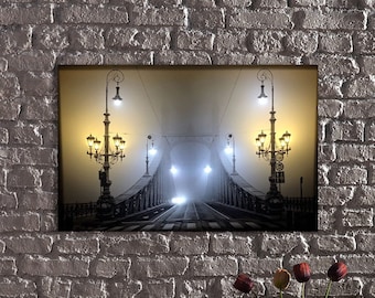 LED Illuminated Canvas Art of Budapest's Iconic Liberty Bridge in Foggy Night - Unique Home Decor,Nighttime Foggy Budapest Bridge Print