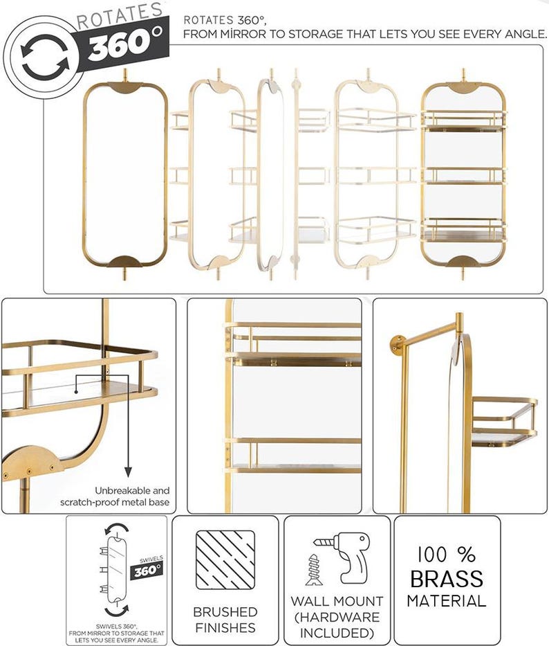 360 Rotating Wall Mirror with Shelf – Luxury Stainless Steel Bathroom Vanity Makeup Mirror – BRASS/Gold/Chrome/Black/Antique Finish Options image 19