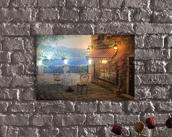 LED Illuminated Romantic Elegant Lakeside Restaurant Terrace Canvas LED Light Up Canvas Art,Romantic Lakeside Restaurant Canvas Art