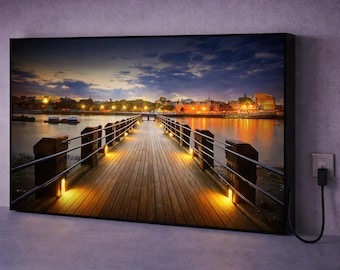 LED Lakeside Pier Canvas Art – Sunset Serenity Walkway, Lighted Wall Decor, Illuminated Landscape Print, Bedroom & Living Room Accent