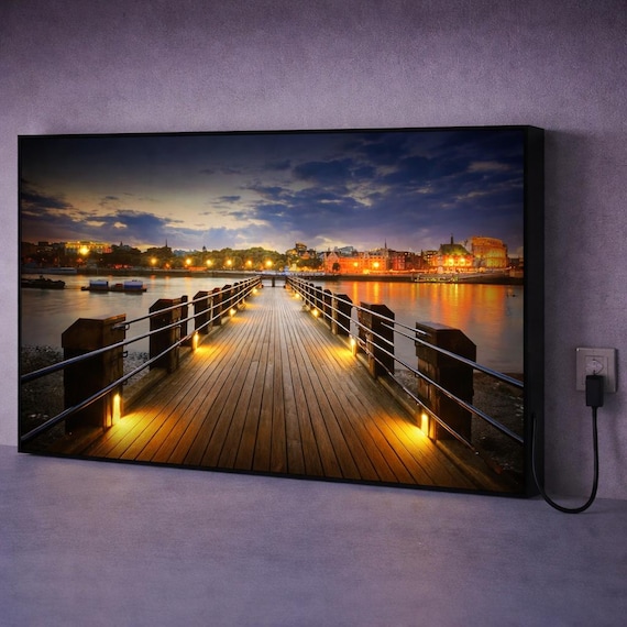 LED Lakeside Pier Canvas Art – Sunset Serenity Walkway, Lighted Wall Decor, Illuminated Landscape Print, Bedroom & Living Room Accent