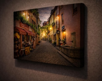 LED Illuminated Canvas Art Freiburg Cobblestone Street, European Village Wall Decor Lighted Alley Scene Cozy Ambient Lighting Battery Canvas