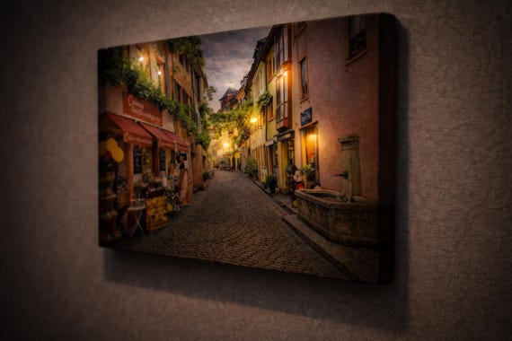 LED Illuminated Canvas Art Freiburg Cobblestone Street, European Village Wall Decor Lighted Alley Scene Cozy Ambient Lighting Battery Canvas