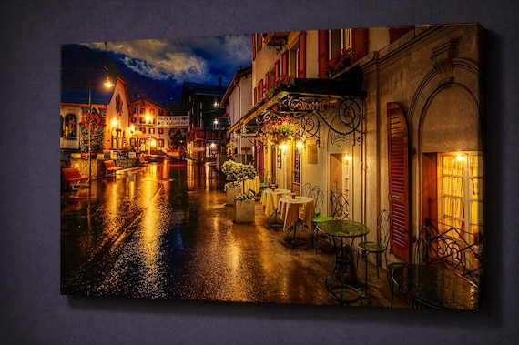 LED Swiss Alps Canvas Art, Rainy Night in Zermatt Wall Decor, Illuminated European Street Scene, Romantic Travel Gift, Battery Powered