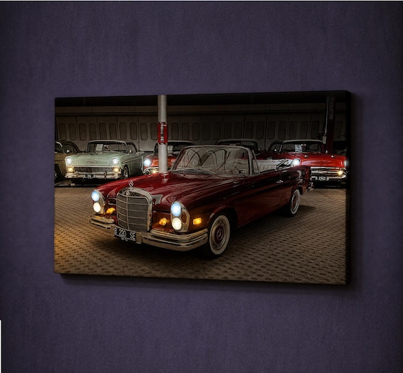 LED Vintage Car Canvas Wall Art, Classic 220 SE Decor, Retro Garage Wall Art, Luxury Automotive Gift, Man Cave Decor, Car Lover Gift