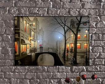 LED Illuminated Canvas Art Romantic Rainy Bridge LED Canvas Wall Art-Illuminated Wall Decor Art with unique lights-Romantic Couple Artwork