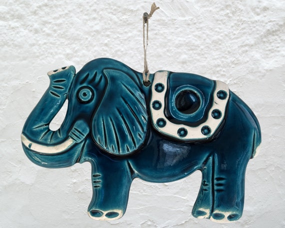 Turquoise Ceramic Elephant Wall Hanging: Handcrafted Home Decor