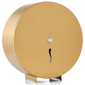 May include: A gold metal toilet paper dispenser with a keyhole and a slot for the paper roll. The dispenser has a brushed finish.