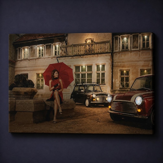 LED Illuminated Canvas Art Lady in Red with Classic Mini Cars, Vintage Wall Art, Battery Powered Lighted Wall Decor