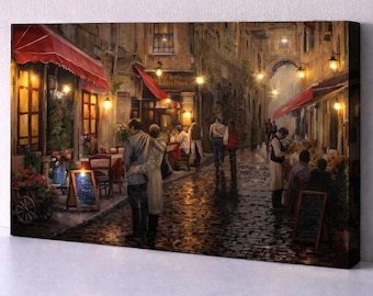 LED illuminated Romantic City Street Canvas Art – Old Town Café Evening Romance, Lighted Wall Decor, Anniversary Gift, Bedroom Ambient Art