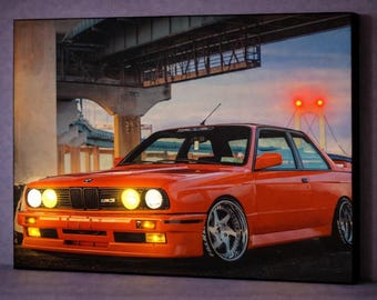 LED Illuminated BMW E30 M3 Canvas Art, Red Classic Car Wall Decor, Battery Powered Automotive Artwork Gift for Car Lovers