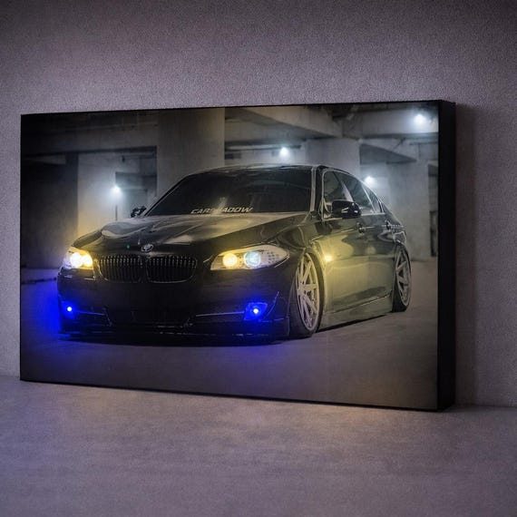 LED Illuminated Black F10 Canvas Art – Underground Performance Sedan, Lighted Car Wall Decor, Garage & Man Cave Art Gift