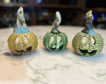 Halloween Decor Ceramic Pumpkin Tealight Candle Set of 3 Different Colours and Long Stem,Halloween Themed Tealight Lanterns,Luminaries
