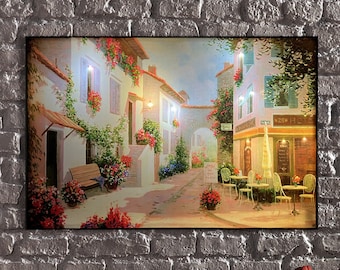 LED Illuminated Canvas Art Charming Floral Alleyway-Old Town Colorful Flower Street Canvas Art, Light Up Canvas Wall Art