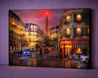 LED Paris Street Canvas Art, Eiffel Tower Lighted Wall Decor Romantic Paris Canvas Print Battery Powered Cityscape Artwork Paris Night Scene