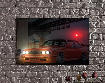 LED Illuminated Canvas Art Red E30 M3 Under the Bridge -Realistic Headlights and Bridge Lights-Collectible Car Canvas Print,E30 M3 LED Art