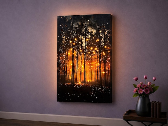 LED Enchanted Forest Canvas Wall Art, Lighted Woodland Sunset Decor, Glowing Firefly Forest Art, Battery Powered Nature Wall Decor