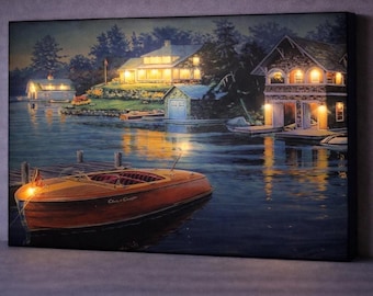LED Lakeside Cottage Canvas Art, Illuminated Cabin Wall Decor, Twilight Lake House Painting, Cozy Cottage LED Wall Art