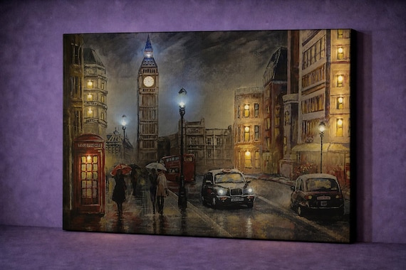 LED London Canvas Wall Art, Big Ben Night Lights, Red Phone Booth Decor, Rainy Street Scene, Romantic UK City Art, Travel Gift Idea