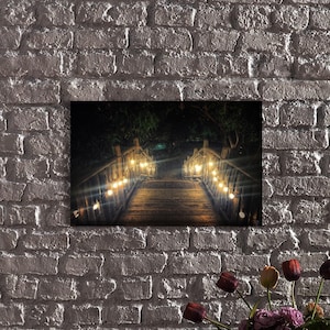 LED Garden Path Canvas Art: Illuminated Wooden Walkway