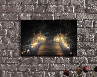 LED Illuminated Wooden Path Romantic Garden - Wooden Walkway and Stairs in a Romantic Garden Scene Canvas Art-LED Light Up Canvas Art