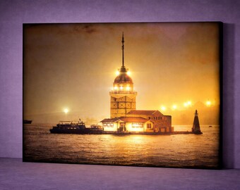 Maiden’s Tower LED Canvas Art Istanbul Night Wall Decor, Illuminated Kiz Kulesi Lighted Cityscape, Romantic Ambient Lighting, Battery Canvas