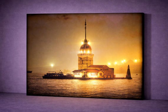 Maiden’s Tower LED Canvas Art Istanbul Night Wall Decor, Illuminated Kiz Kulesi Lighted Cityscape, Romantic Ambient Lighting, Battery Canvas