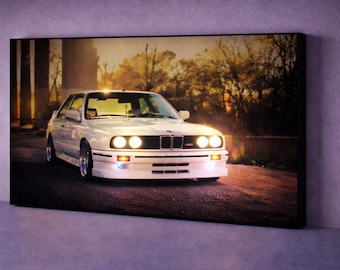 LED Illuminated E30 M3 Canvas Art – Retro Wall Decor, Classic Car Artwork, Automotive LED Wall Art Gift
