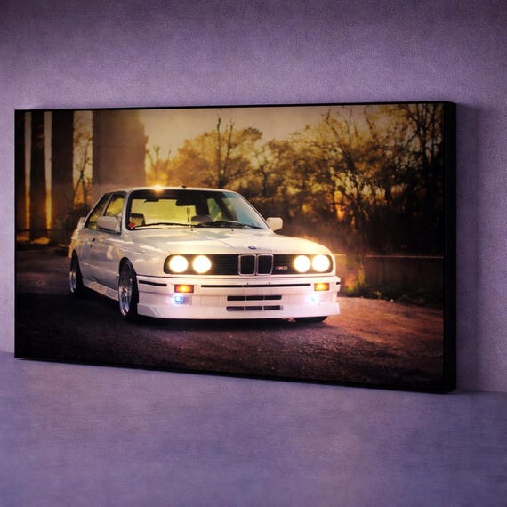 LED Illuminated E30 M3 Canvas Art – Retro Wall Decor, Classic Car Artwork, Automotive LED Wall Art Gift