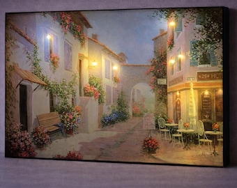 LED Floral Alleyway Canvas Art, Battery Powered Lighted Wall Decor, Romantic European Street Painting, Cozy Home Wall Art
