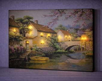 LED Stone Bridge Canvas Art, Rustic Cottage Wall Decor, Countryside Landscape Painting, Farmhouse Wall Art, Illuminated Cozy Home Decor