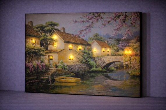 LED Stone Bridge Canvas Art, Rustic Cottage Wall Decor, Countryside Landscape Painting, Farmhouse Wall Art, Illuminated Cozy Home Decor