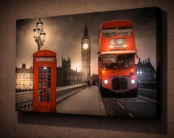 LED London Canvas Art Red Bus Phone Booth Big Ben Wall Decor, Illuminated British Cityscape, Lighted UK Travel Artwork, Battery Powered