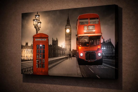 LED London Canvas Art Red Bus Phone Booth Big Ben Wall Decor, Illuminated British Cityscape, Lighted UK Travel Artwork, Battery Powered