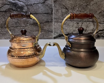 Handcrafted Copper Teapot-Tea Kettle with Snake Head Pattern Spout, Wooden Handle, Unique Embossing and Surface Options,One-of-a-Kind Teapot