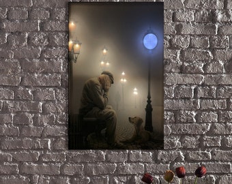 LED Illuminated Canvas Art-Heartwarming Connection: Old Man,Adoring Dog and the Glow of Street Lamps,Heartwarming Senior and Dog Wall Decor