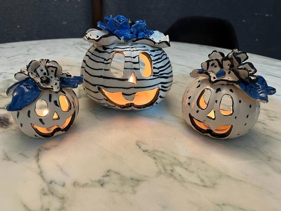 Handmade Ceramic Pumpkin Tealight Holder Set: Blue Floral Halloween Decor