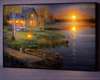 LED Lakeside Cabin Canvas Art, Battery Powered Illuminated Wall Art, Cozy Waterfront Decor, Rustic Home Accent, Unique Gift Idea